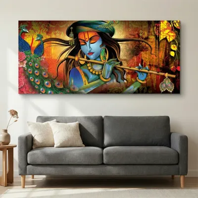 Divine Melody of Krishna with Peacock Vibrant Canvas Wall Painting