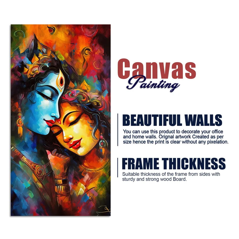 Sacred Embrace of Radha Krishna Canvas Wall Painting With Frame