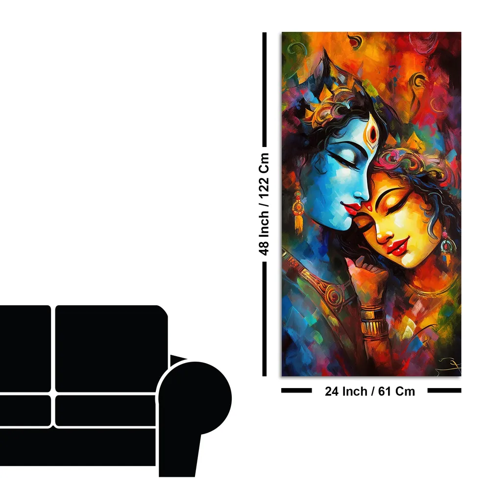 Sacred Embrace of Radha Krishna Canvas Wall Painting With Frame
