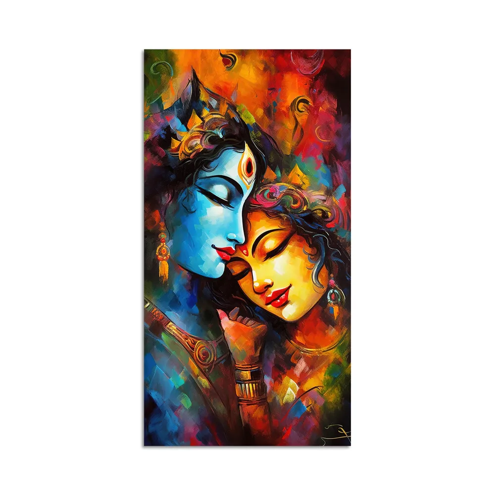 Sacred Embrace of Radha Krishna Canvas Wall Painting With Frame