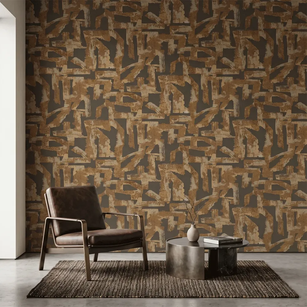 Abstract Brown & Gold Geometric Textured Wallpaper
