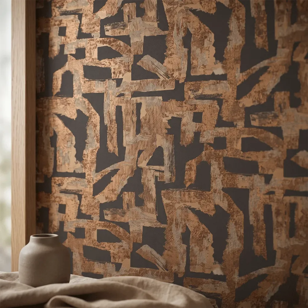 Abstract Brown & Gold Geometric Textured Wallpaper