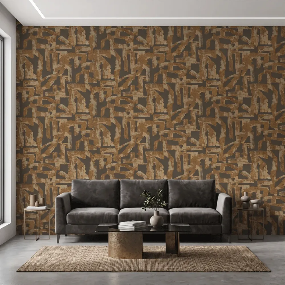 Abstract Brown & Gold Geometric Textured Wallpaper