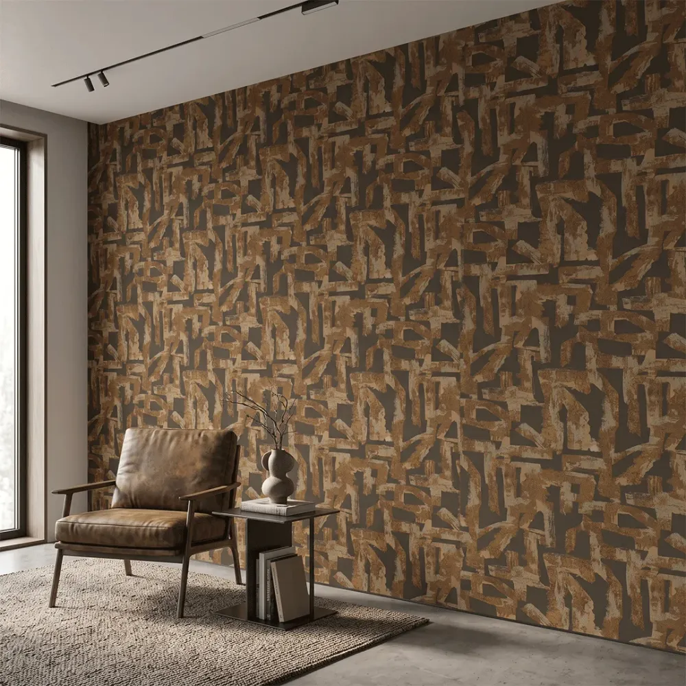 Abstract Brown & Gold Geometric Textured Wallpaper