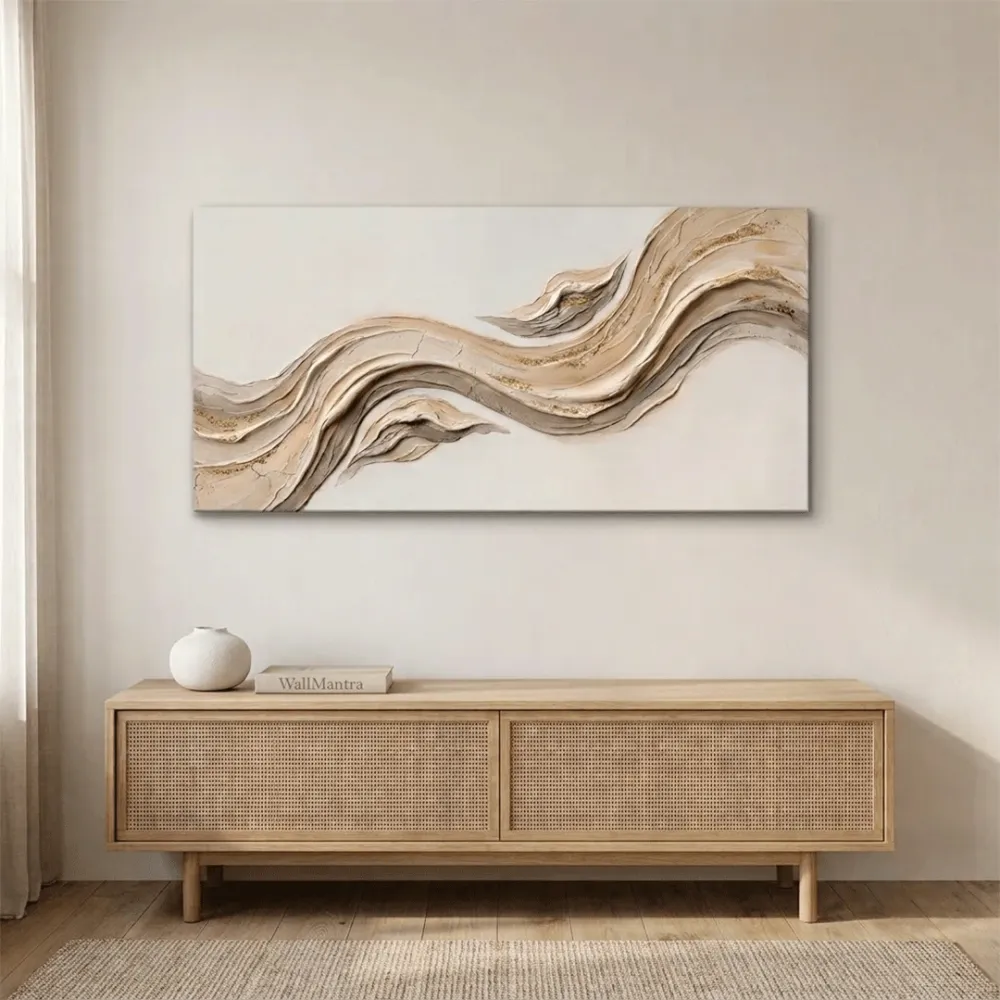 Abstract Fluid Wave Canvas Painting in Beige and Gold With Frame
