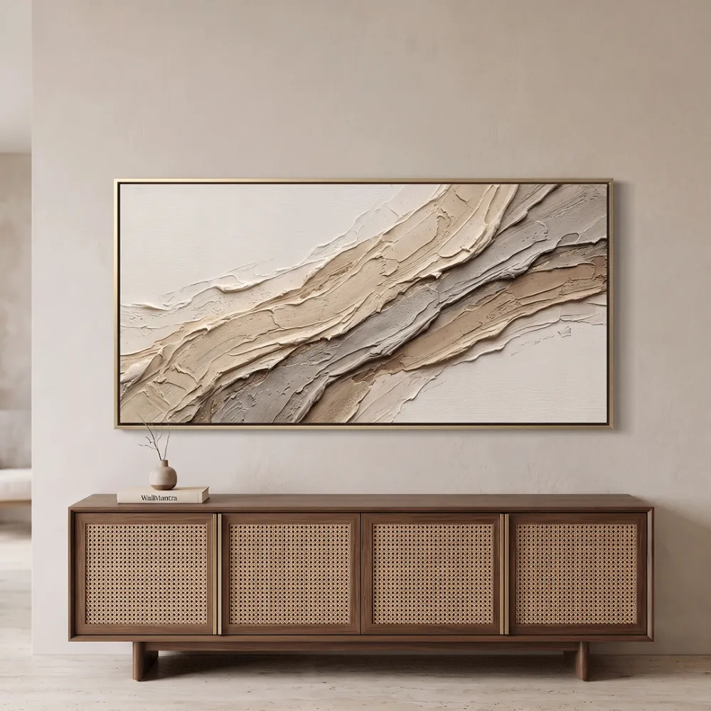 Diagonal Sculpted Strata Abstract Canvas Painting Sand Taupe With Frame