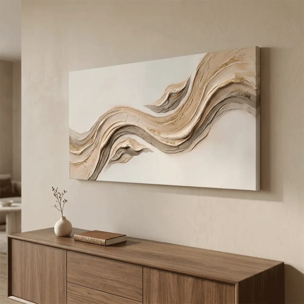 Abstract Fluid Wave Canvas Painting in Beige and Gold With Frame