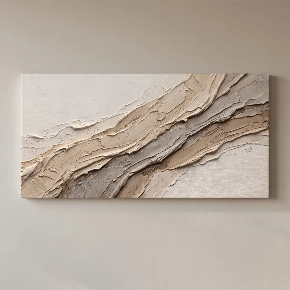 Diagonal Sculpted Strata Abstract Canvas Painting Sand Taupe With Frame
