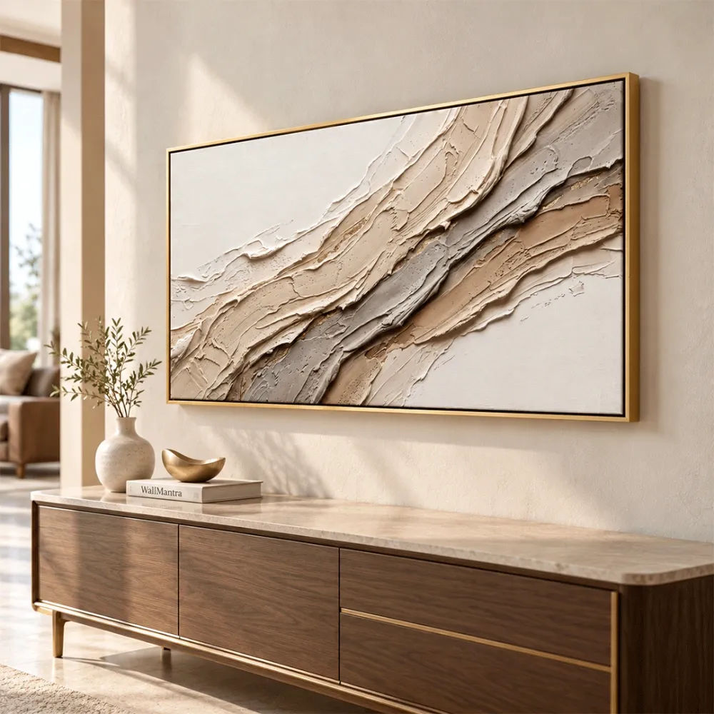 Diagonal Sculpted Strata Abstract Canvas Painting Sand Taupe With Frame