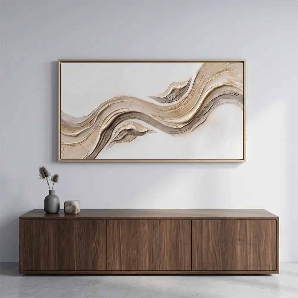 Abstract Fluid Wave Canvas Painting in Beige and Gold With Frame