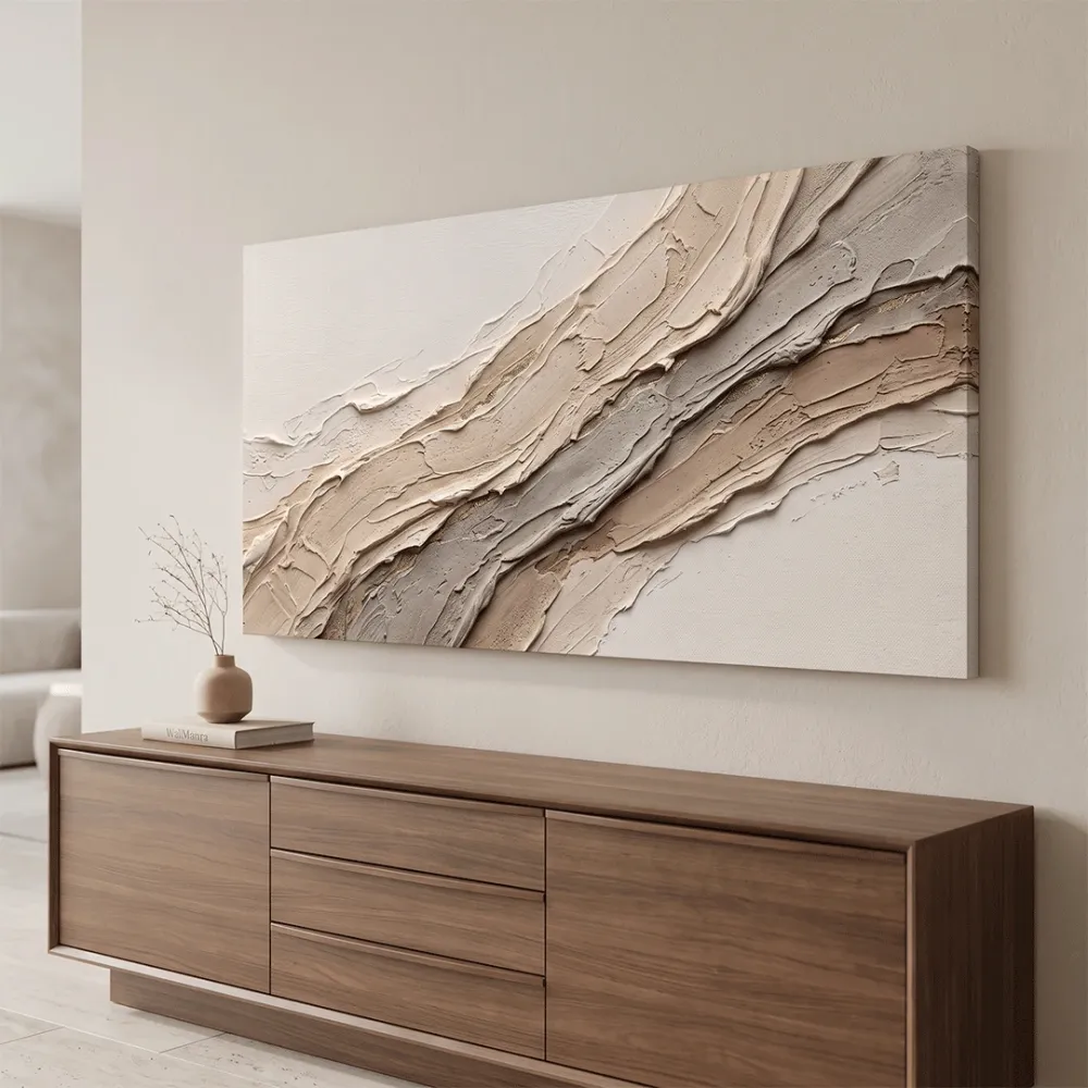 Diagonal Sculpted Strata Abstract Canvas Painting Sand Taupe With Frame