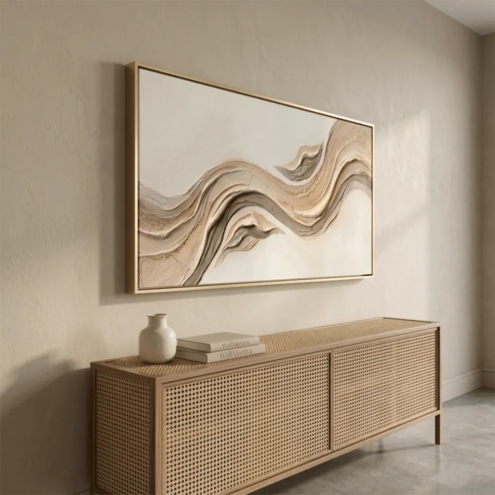 Abstract Fluid Wave Canvas Painting in Beige and Gold With Frame
