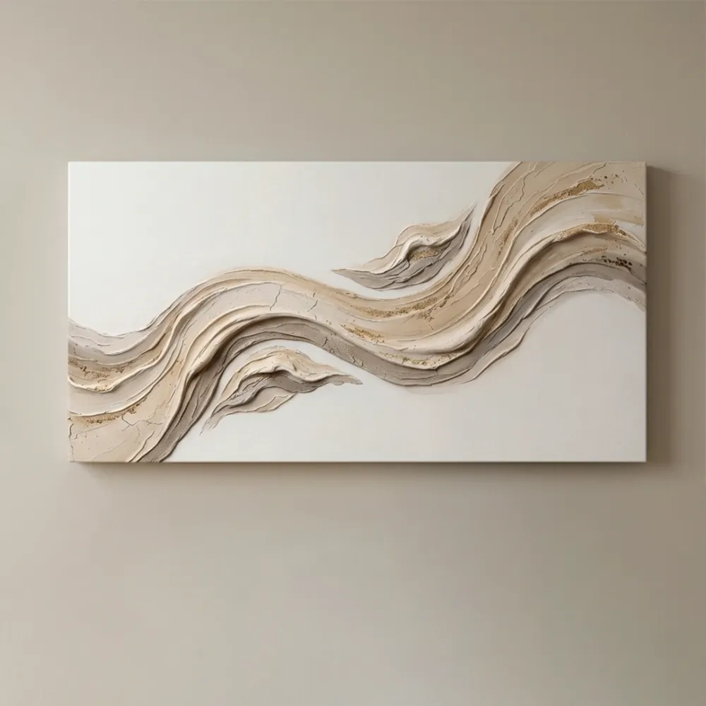 Abstract Fluid Wave Canvas Painting in Beige and Gold With Frame