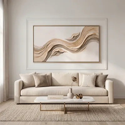 Abstract Fluid Wave Canvas Painting in Beige and Gold