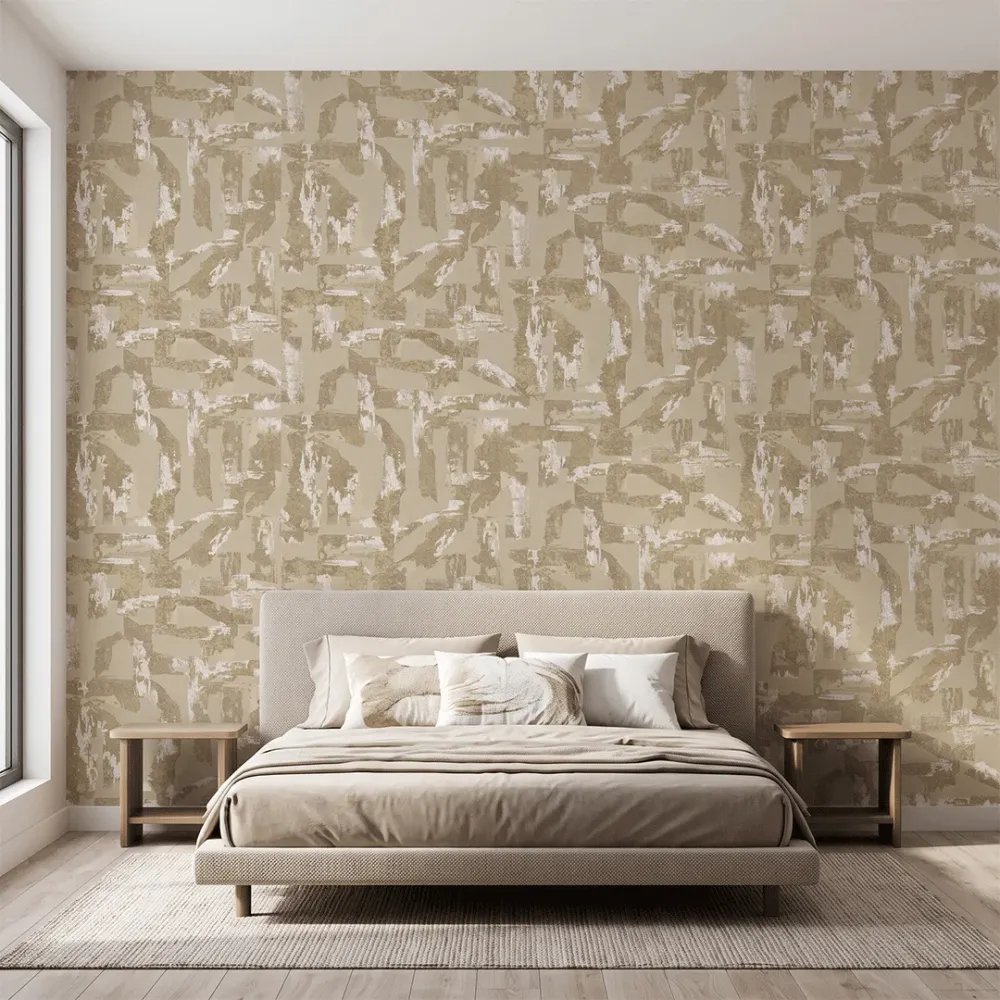 Abstract Geometric Beige & Gold Textured Wallpaper