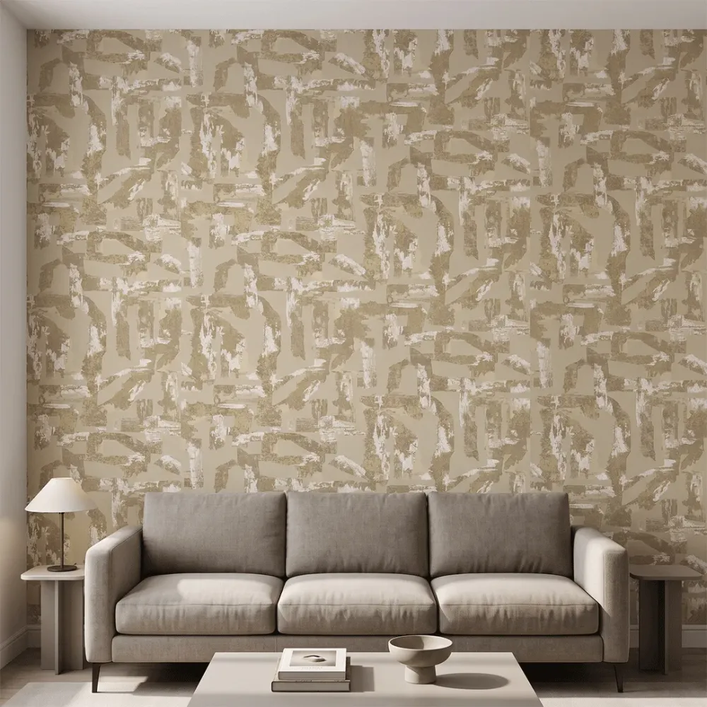 Abstract Geometric Beige & Gold Textured Wallpaper