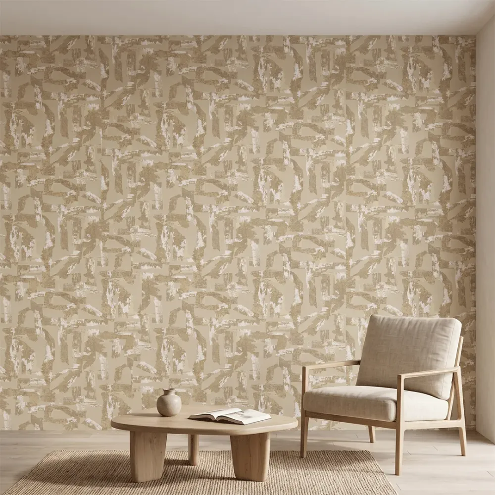 Abstract Geometric Beige & Gold Textured Wallpaper