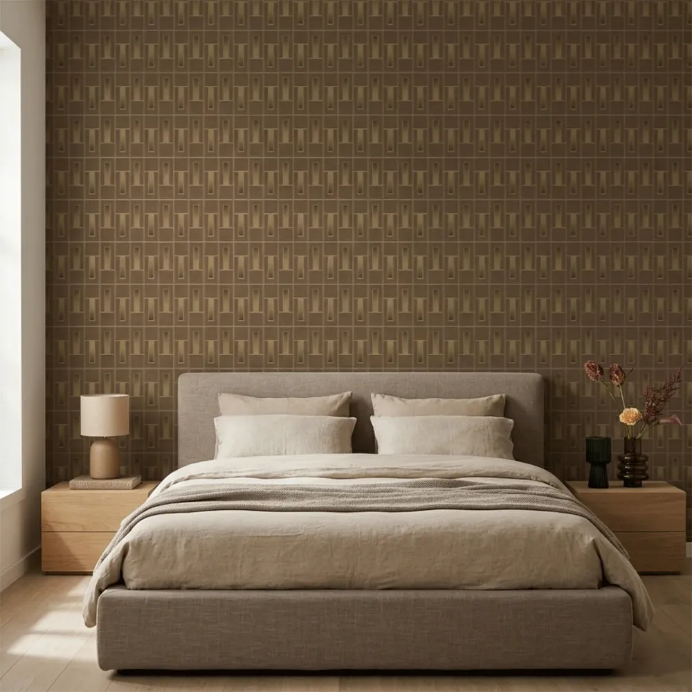 Art Deco Linear Panel Wallpaper - Walnut Brown 