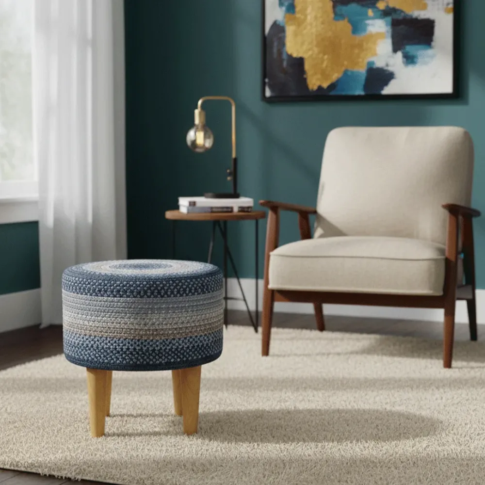Azure Haven Indoor Round Braided Pouffe Stool 