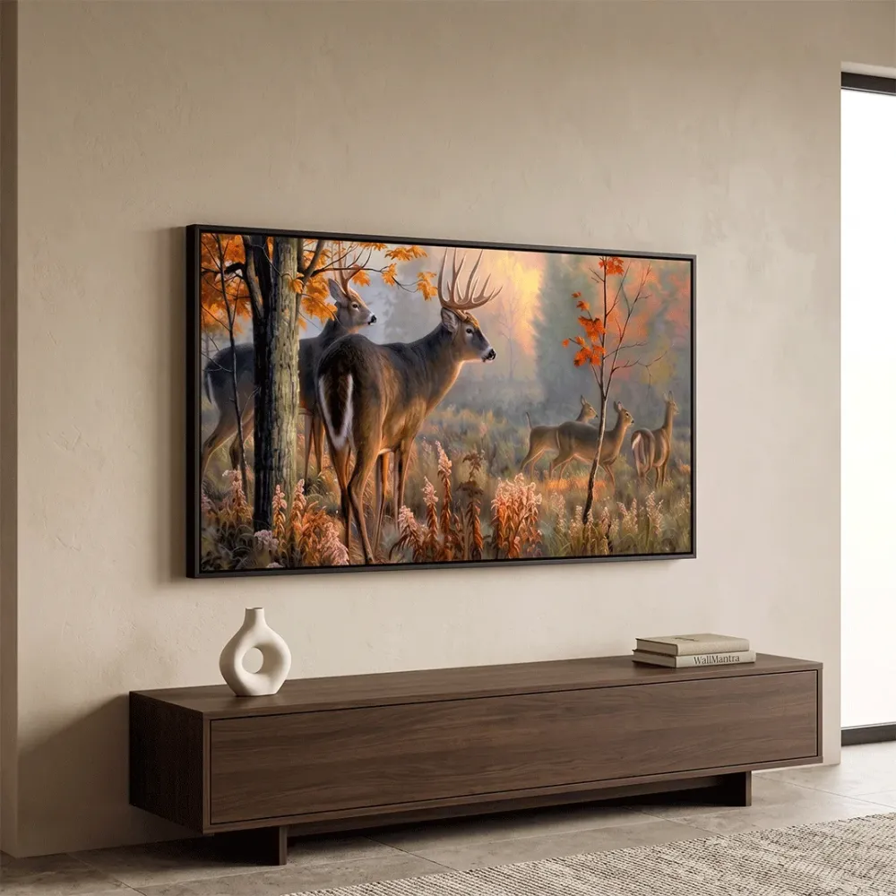Beautiful Deer Forest Scenery Wide Format Canvas Wall Painting With Frame