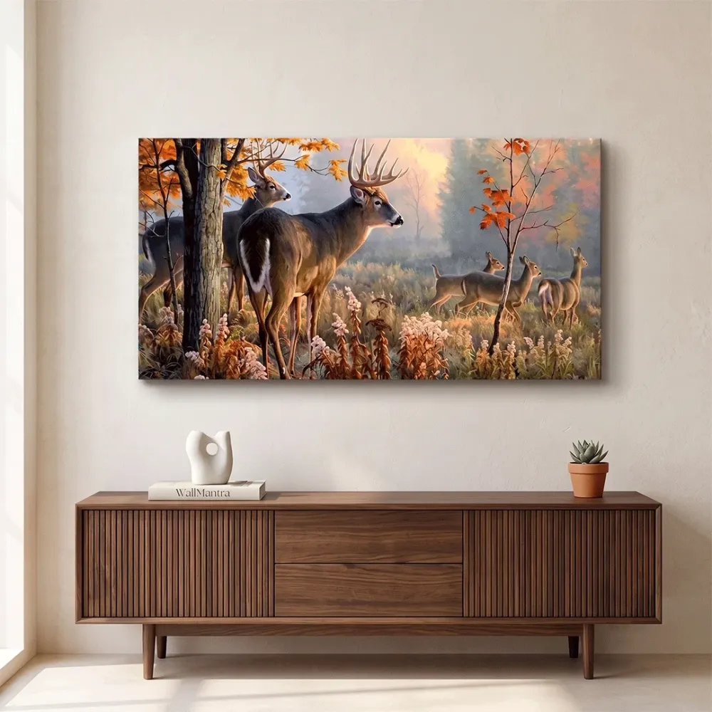 Beautiful Deer Forest Scenery Wide Format Canvas Wall Painting With Frame