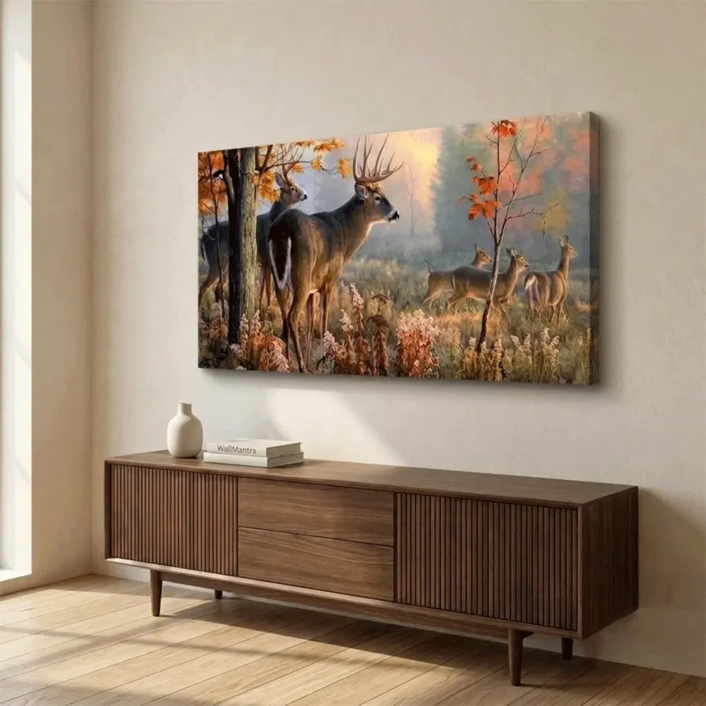 Beautiful Deer Forest Scenery Wide Format Canvas Wall Painting With Frame