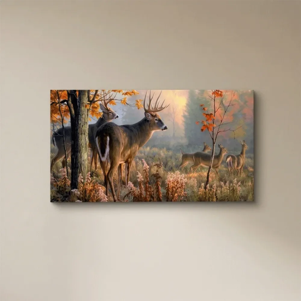Beautiful Deer Forest Scenery Wide Format Canvas Wall Painting With Frame