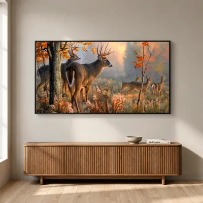 Beautiful Deer Forest Scenery Wide Format Canvas Wall Painting