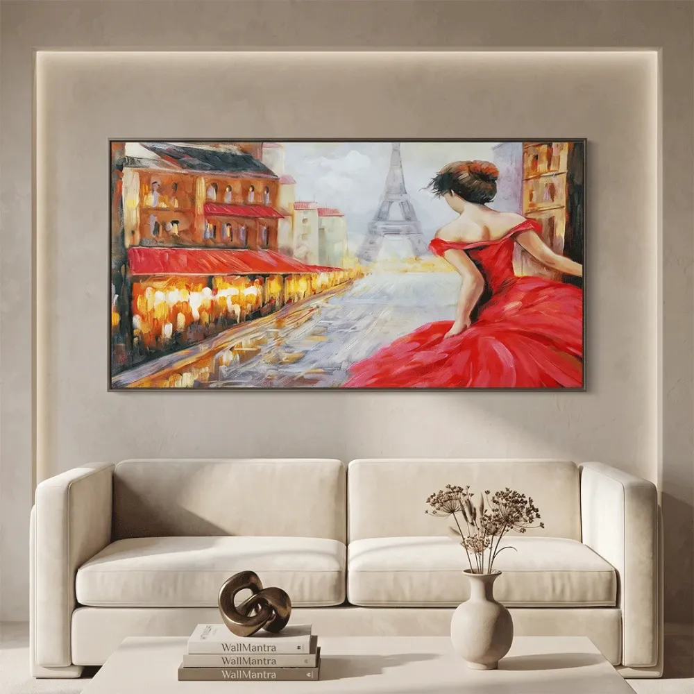 Beautiful Girl in Red Dress Canvas Painting With Frame