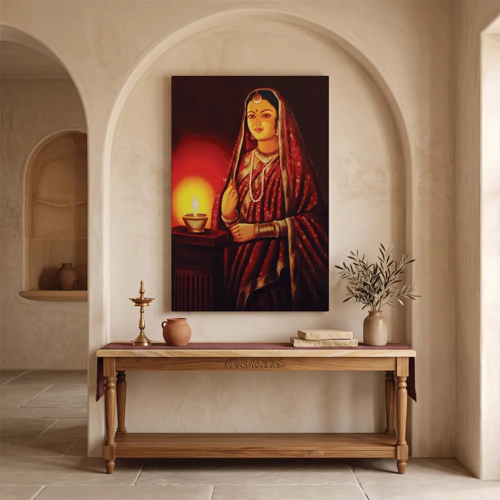 Beautiful Rajasthani Lady Painting / Canvas Printed Painting  Stretched on Wooden Bars With Frame