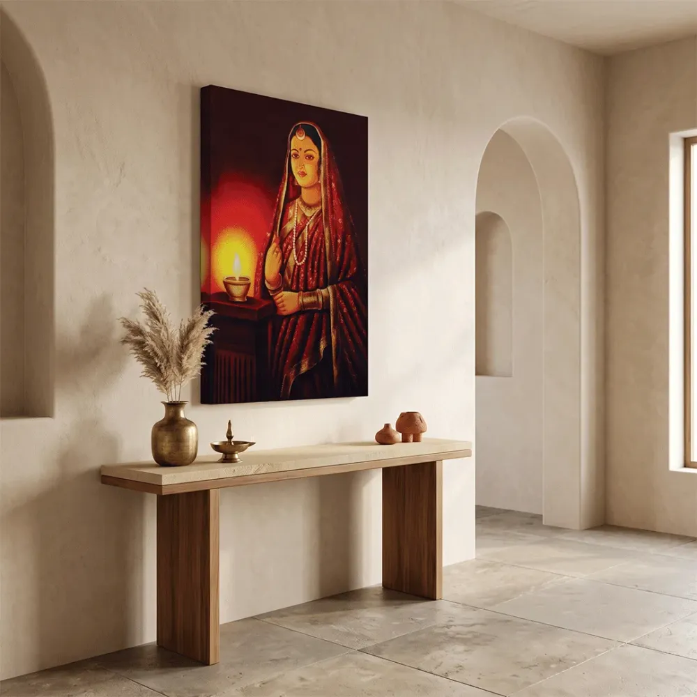 Beautiful Rajasthani Lady Painting / Canvas Printed Painting  Stretched on Wooden Bars With Frame