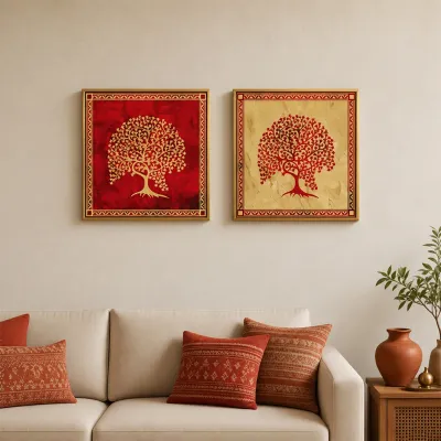 Beautiful Tree Warli Wall Paintings & Wall Hanging With 2 Panels Set