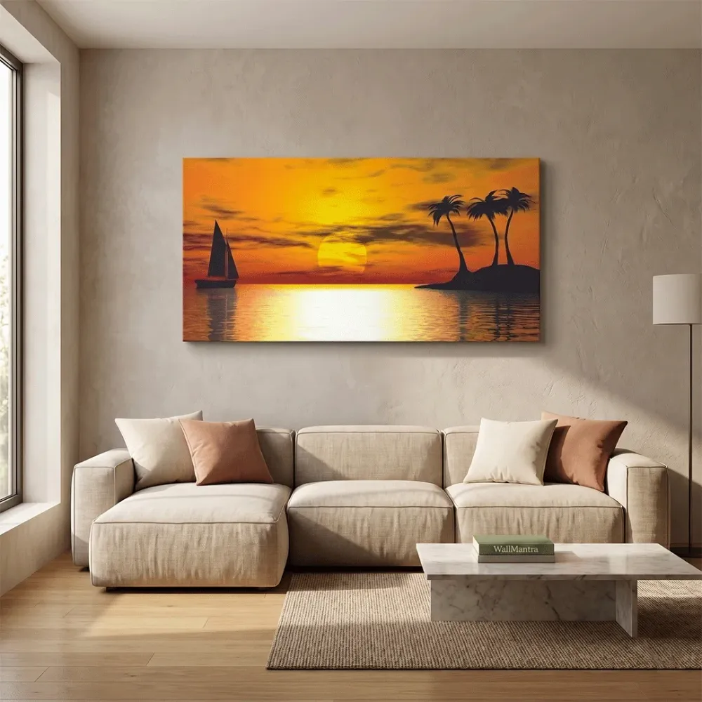 Big Panoramic Beautiful Sunset Scenery Canvas Painting With Floating Frame