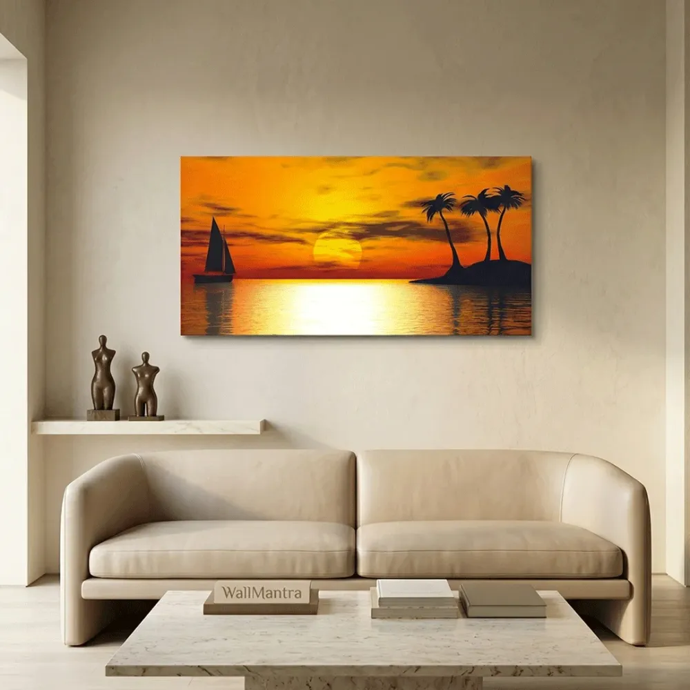Big Panoramic Beautiful Sunset Scenery Canvas Painting With Floating Frame