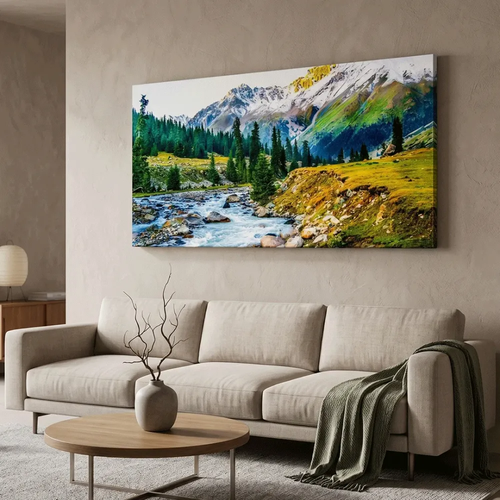 Big Panoramic Beautiful  Valley River Forest Landscape Canvas Painting With Frame