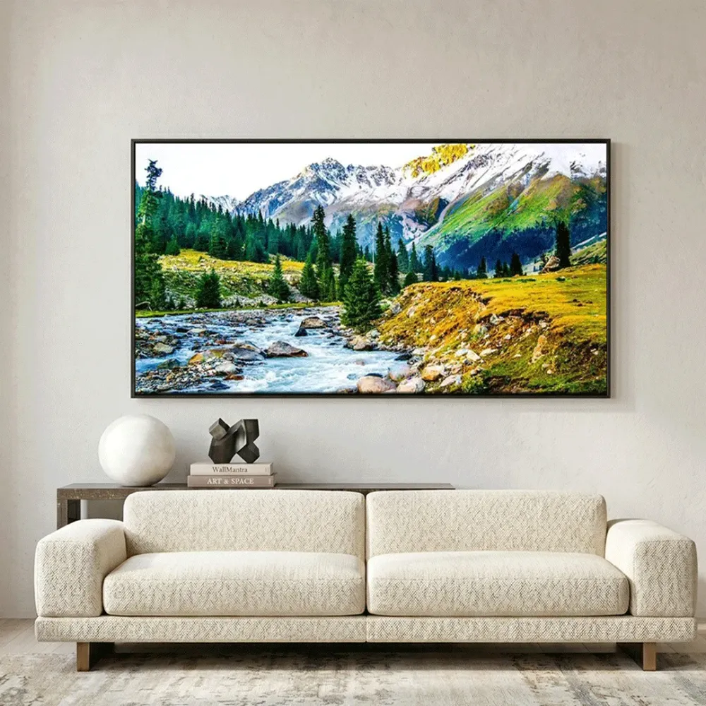 Big Panoramic Beautiful  Valley River Forest Landscape Canvas Painting With Frame