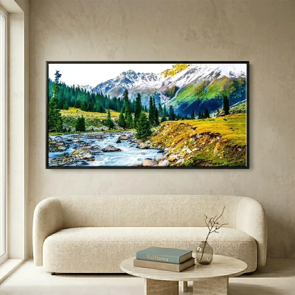 Big Panoramic Beautiful  Valley River Forest Landscape Canvas Painting With Frame