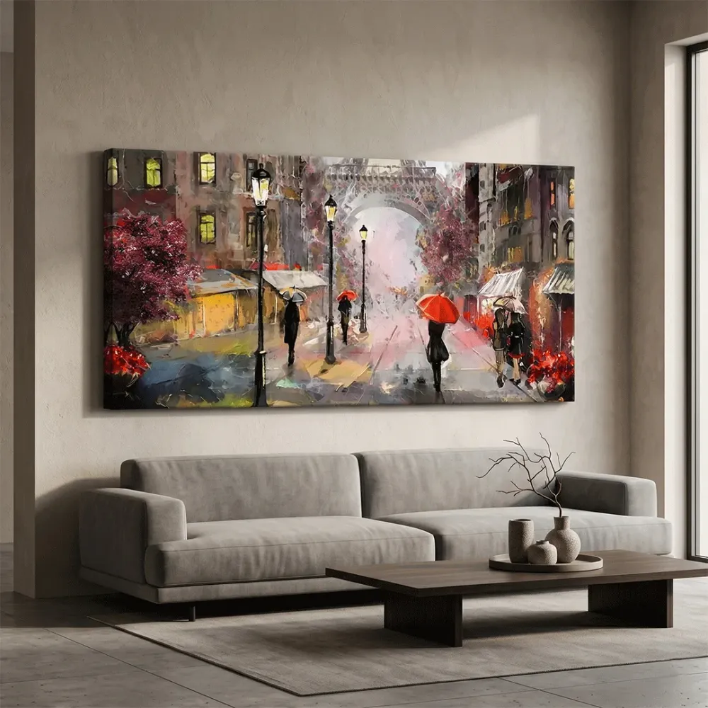 Big Panoramic Paris Street Rainy Day Scenery Canvas  Wall painting With Frame