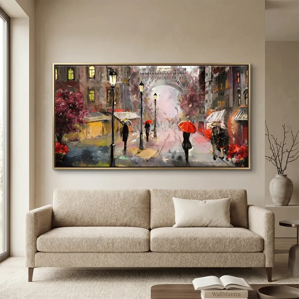 Big Panoramic Paris Street Rainy Day Scenery Canvas  Wall painting With Frame