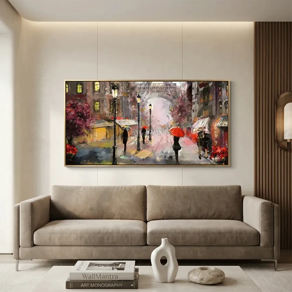 Big Panoramic Paris Street Rainy Day Scenery Canvas  Wall painting With Frame