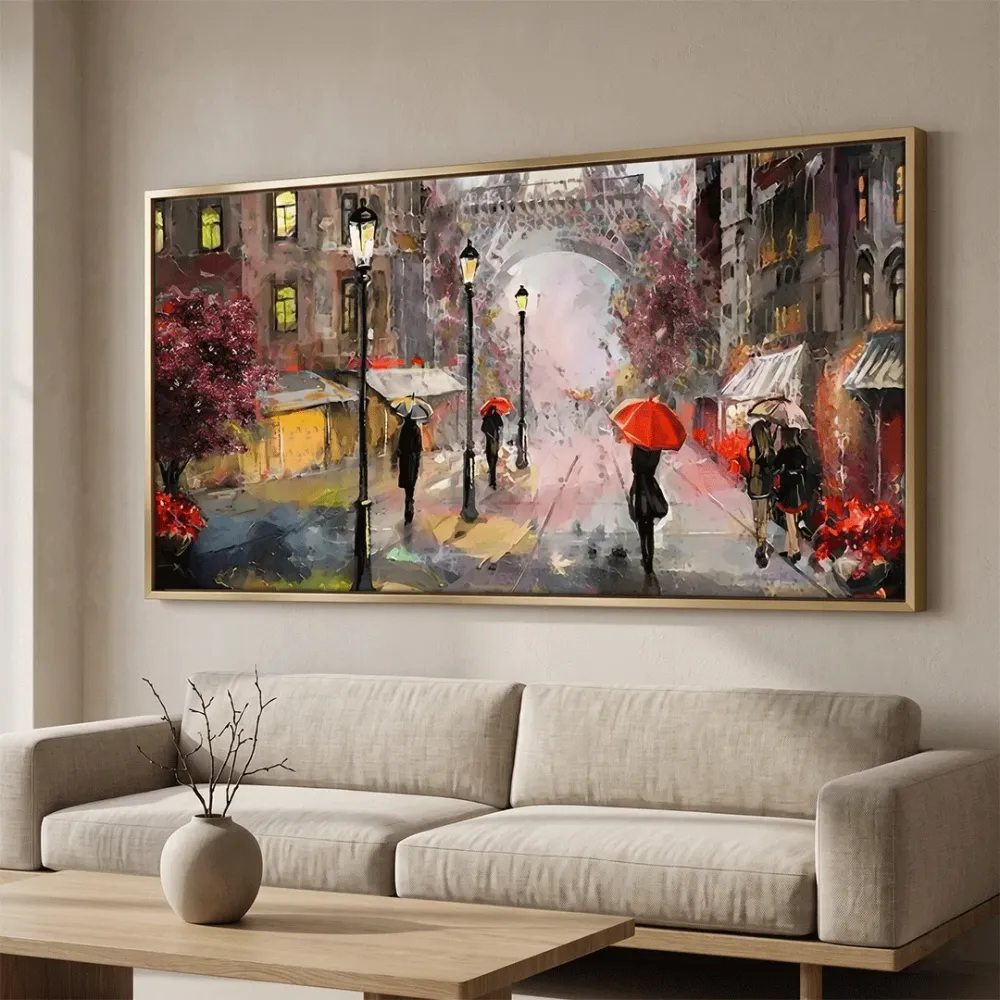 Big Panoramic Paris Street Rainy Day Scenery Canvas  Wall painting With Frame