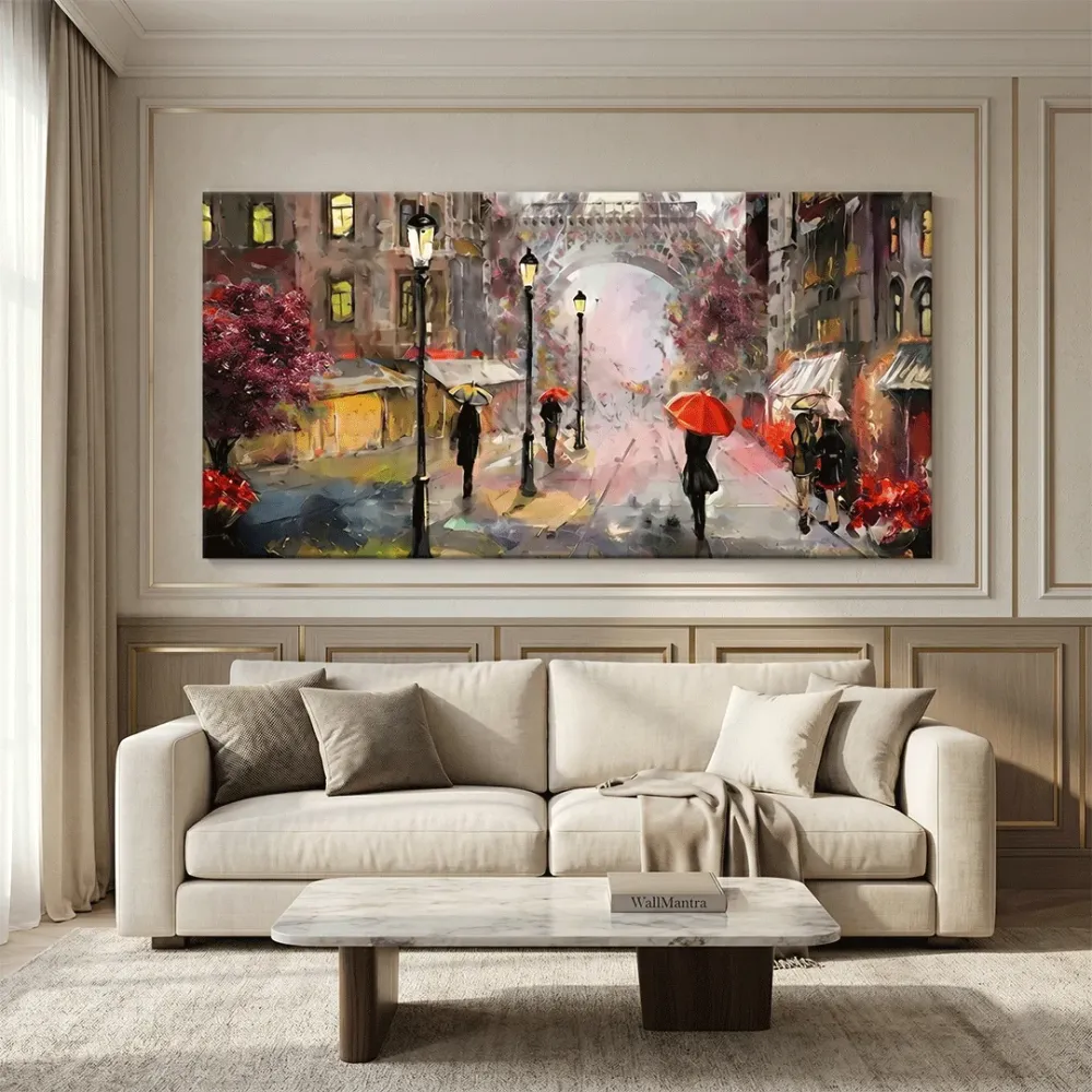 Big Panoramic Paris Street Rainy Day Scenery Canvas  Wall painting With Frame