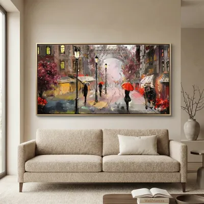 Big Panoramic Paris Street Rainy Day Scenery Canvas  Wall painting