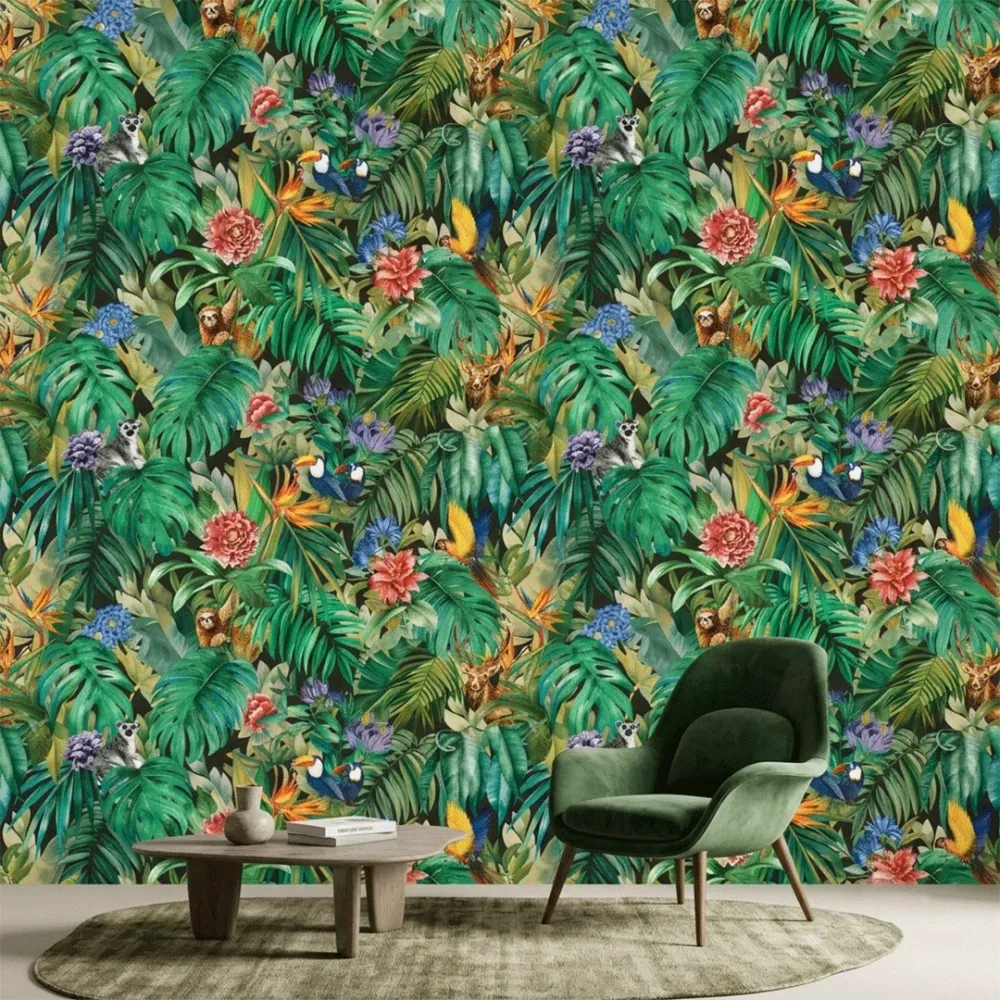 Black Tropical Jungle Wildlife Botanical Wallpaper