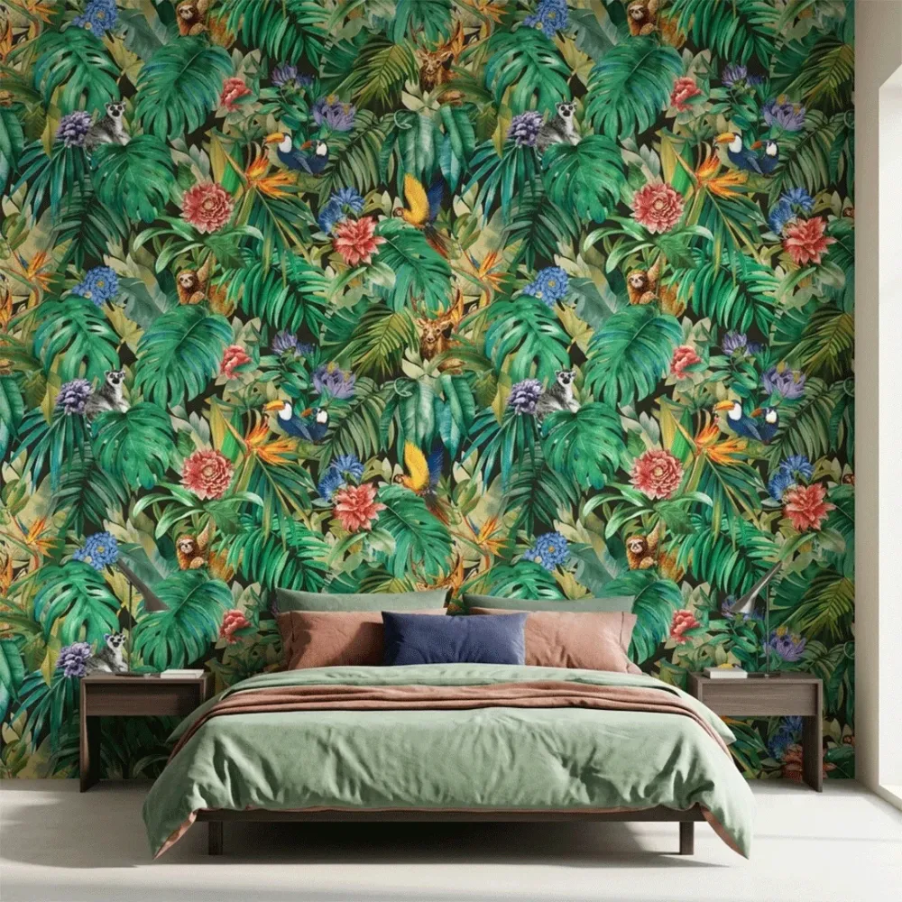 Black Tropical Jungle Wildlife Botanical Wallpaper