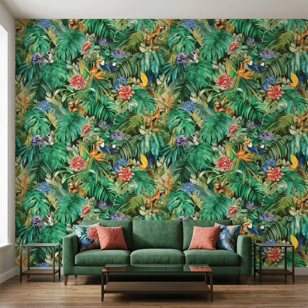 Black Tropical Jungle Wildlife Botanical Wallpaper