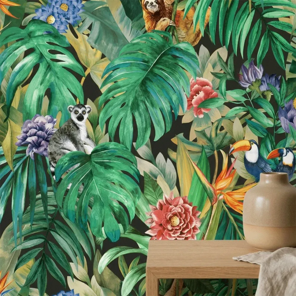 Black Tropical Jungle Wildlife Botanical Wallpaper