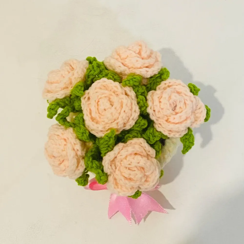 Handcrafted Crochet Blossom Basket with Peach Satin Bow 