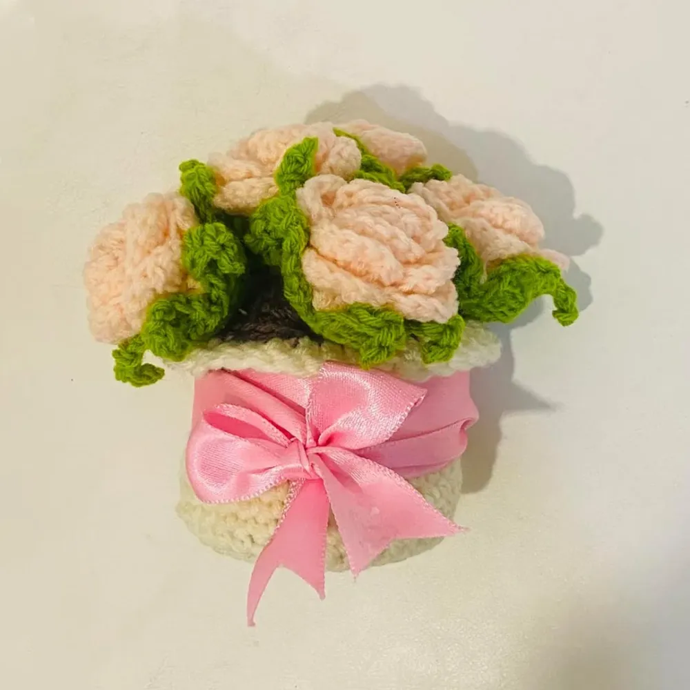 Handcrafted Crochet Blossom Basket with Peach Satin Bow 