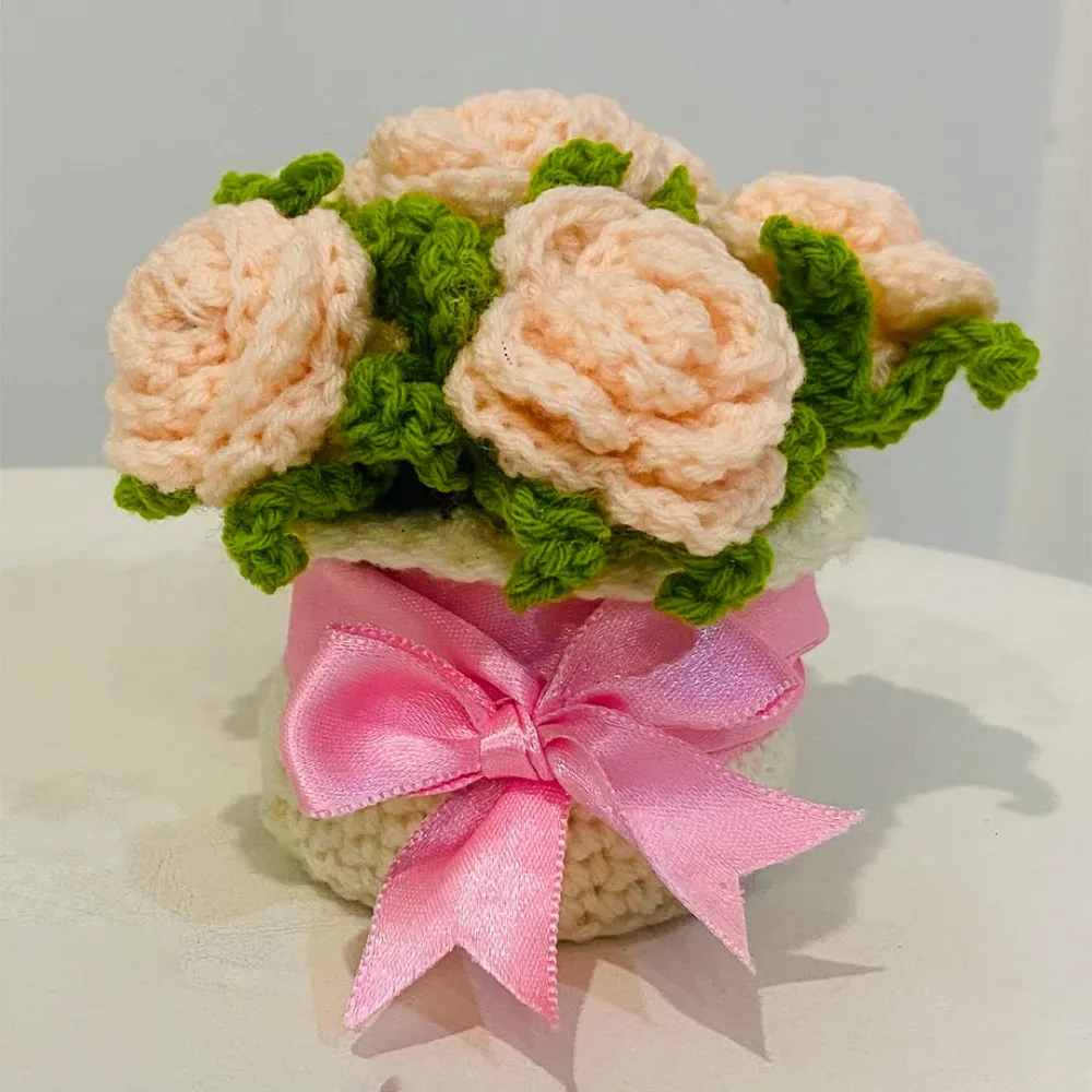 Handcrafted Crochet Blossom Basket with Peach Satin Bow 